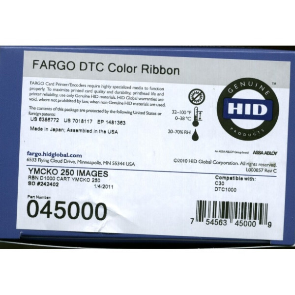 Cinta FARGO DTC1000 DTC1250 Full Colour Ribbon (YMCKO) 250 prints + cleaning roller