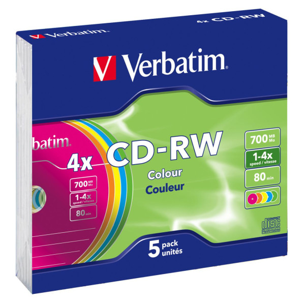 (5) Pack CD-RW VERBATIM Datalife Plus Slim 4x ** Colours 700MB, 80m. (5) Pack CD-RW VERBATIM Datalife Plus Slim 4x ** Colours 700MB, 80m.