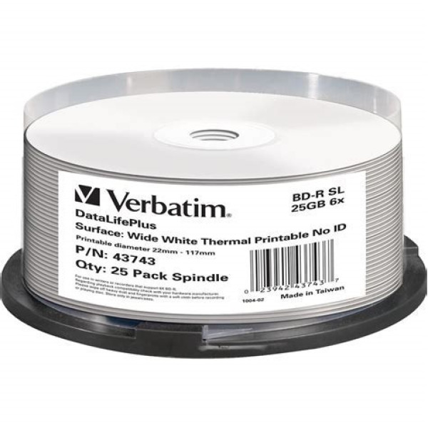 (T25) BD-R SL VERBATIM Single Layer 25GB 6x ** Blu-ray Disc Wide Printable Thermal No-Id Spindle