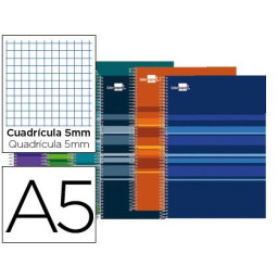Cuaderno LIDERPAPEL espiral A5 micro jolly140h.75g 5mm, 5 bandas, 6 taladros, Colores Surtidos