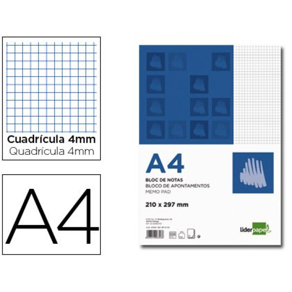 Bloc notas LIDERPAPEL A4 cuadricula 4mm 80 hojas 60gr.
