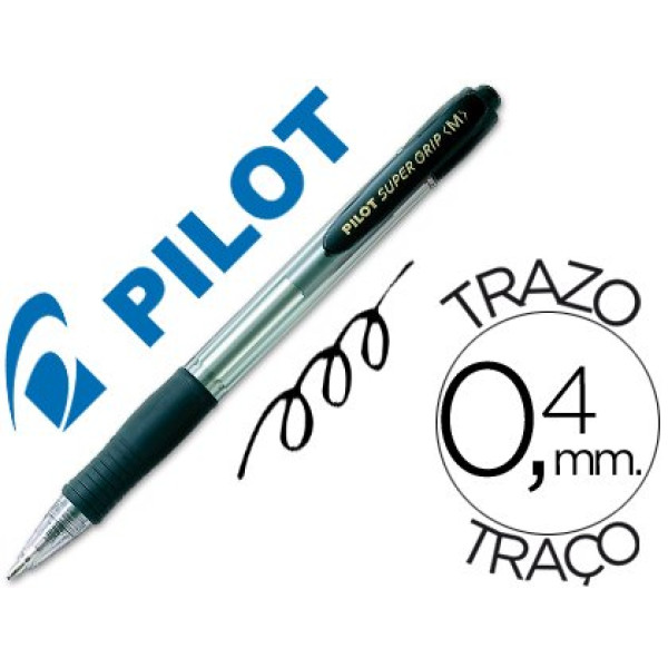 Bolígrafo PILOT Super grip retráctil negro Tinta aceite. Trazo 0,4mm. Medium 1.0. Bolígrafo PILOT Super grip retráctil negro Tinta aceite. Trazo 0,4mm. Medium 1.0.