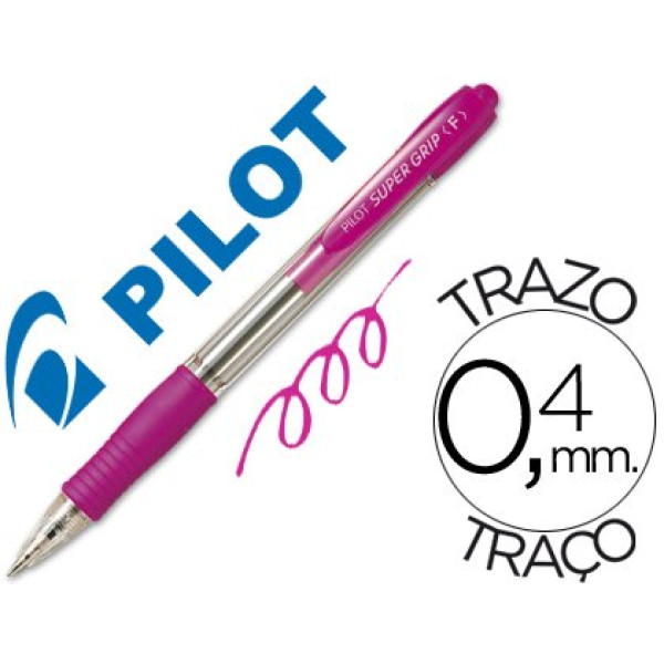 Bolígrafo PILOT Super grip retráctil rosa Tinta aceite. Trazo 0,4mm. Medium 1.0. Bolígrafo PILOT Super grip retráctil rosa Tinta aceite. Trazo 0,4mm. Medium 1.0.