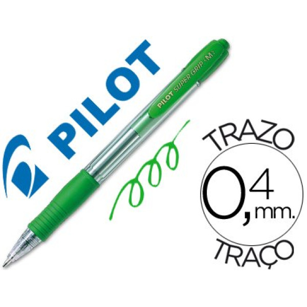 Bolígrafo PILOT Super grip retráctil verde Tinta aceite. Trazo 0,4mm. Medium 1.0. Bolígrafo PILOT Super grip retráctil verde Tinta aceite. Trazo 0,4mm. Medium 1.0.