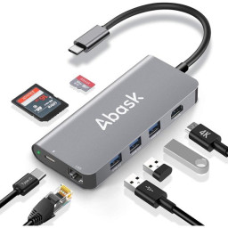 Hub USB 8en1 ABASK 1xType-C carga 5V-20V + 3xUSB 3.0 + 1xEth.RG45 + 1xHDMI 4K + 2xtarj.SD/TF