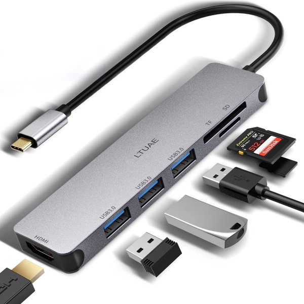 Hub USB 7en1 LTUAE 1xUSB-C con 3xUSB 3.0 + 1xHMDI 4K +1xTarj.SD + 1xTarj.microSD +carga USB-C