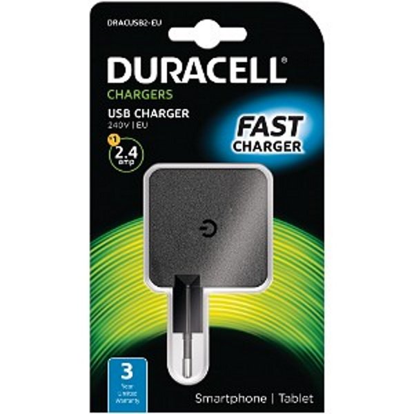 DURACELL 2.4A USB Phone/Tablet Charger charged via USB (cable not supplied)