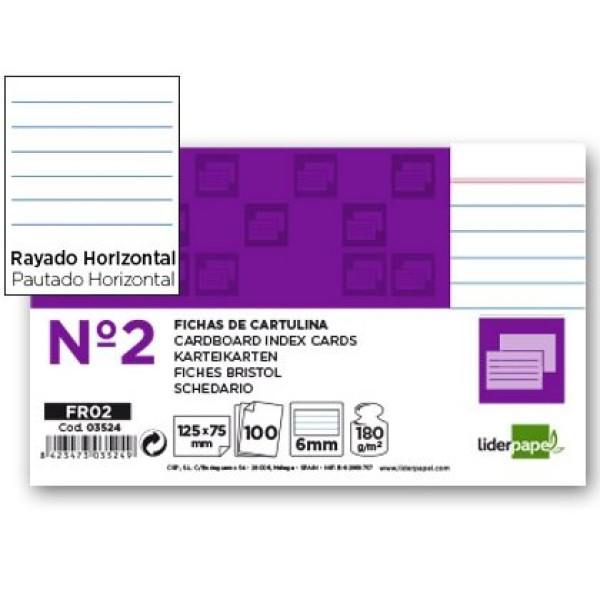 8100) Fichas LIDERPAPEL Rayada Nº2  6mm  180gr. 75 x 125 mm.