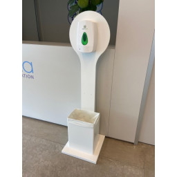 Tótem suelo + dosificador gel automático INDUQUIM papelera, metálico blanco, 144x40x40cm.