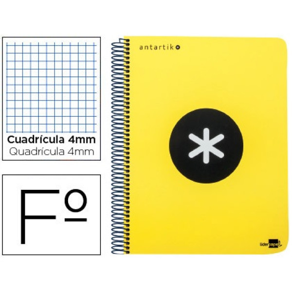 Cuaderno ANTARTIK espiral folio amarillo fluor. 100gr. 80h cuadrícula 4mm con margen Cuaderno ANTARTIK espiral folio amarillo fluor. 100gr. 80h cuadrícula 4mm con margen