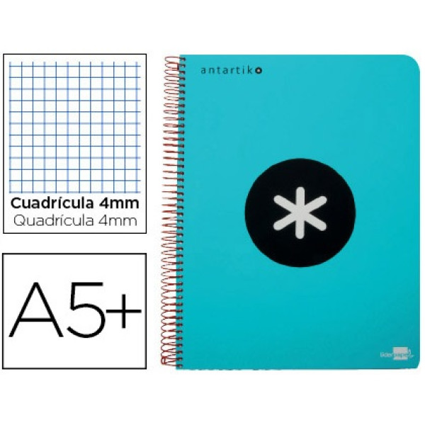 Cuaderno ANTARTIK espiral A5 tapa azul turquesa 100gr. 80h cuadrícula 4mm con margen Cuaderno ANTARTIK espiral A5 tapa azul turquesa 100gr. 80h cuadrícula 4mm con margen