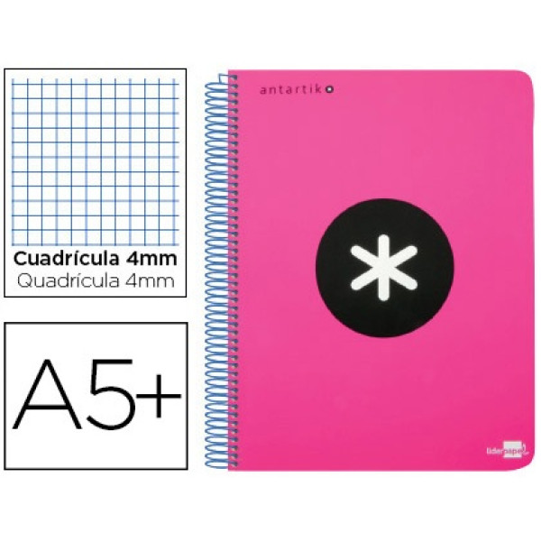 Cuaderno ANTARTIK espiral A5 tapa rosa fluor. 100gr. 80h cuadrícula 4mm con margen Cuaderno ANTARTIK espiral A5 tapa rosa fluor. 100gr. 80h cuadrícula 4mm con margen
