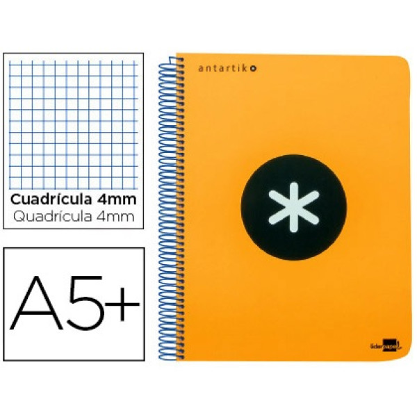 Cuaderno ANTARTIK espiral A5 tapa naranja fluor 100gr. 80h cuadrícula 4mm con margen Cuaderno ANTARTIK espiral A5 tapa naranja fluor 100gr. 80h cuadrícula 4mm con margen