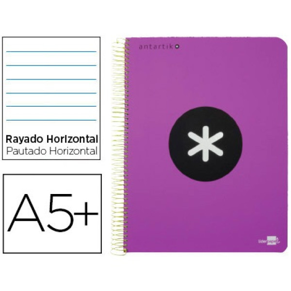 Cuaderno ANTARTIK espiral A5 tapa violeta 100gr. 80h rayado horizontal con margen Cuaderno ANTARTIK espiral A5 tapa violeta 100gr. 80h rayado horizontal con margen