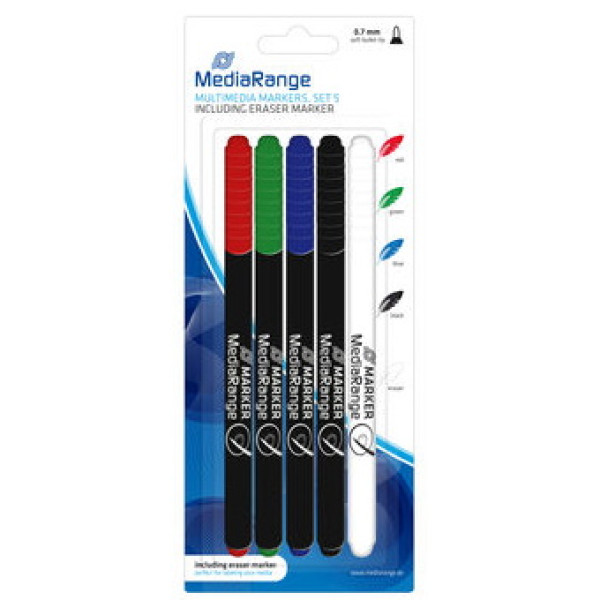 (5) Rotuladores MEDIARANGE para CD/DVD punta 0,7mm negro/azul/verde/rojo y rotulador borrador (5) Rotuladores MEDIARANGE para CD/DVD punta 0,7mm negro/azul/verde/rojo y rotulador borrador
