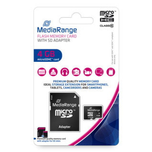 Tarjeta memoria microSDHC MEDIARANGE 4GB Class 10 con adaptador a SD Tarjeta memoria microSDHC MEDIARANGE 4GB Class 10 con adaptador a SD