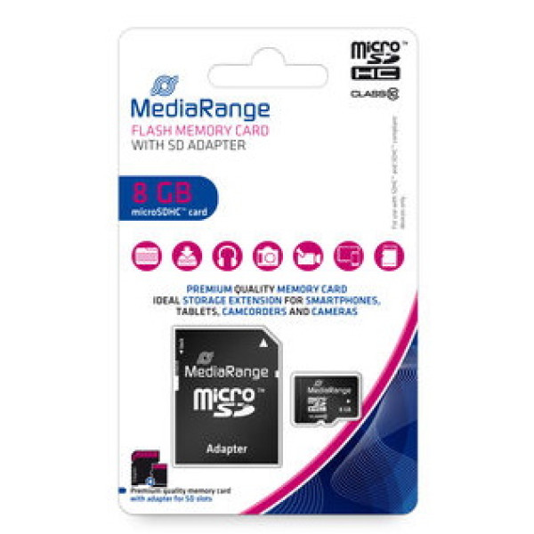 Tarjeta memoria microSDHC MEDIARANGE 8GB Class 10 con adaptador a SD Tarjeta memoria microSDHC MEDIARANGE 8GB Class 10 con adaptador a SD