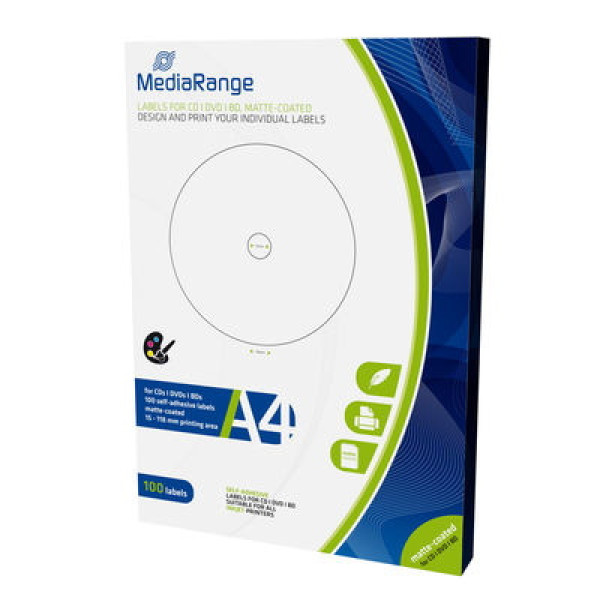 MEDIARANGE etiquetas para CD/DVD 15-118mm 50A4 x 2etiq/hoja (diam.15-118mm) blanco mate MEDIARANGE etiquetas para CD/DVD 15-118mm 50A4 x 2etiq/hoja (diam.15-118mm) blanco mate