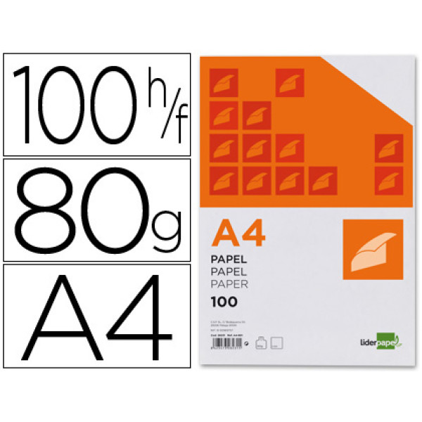 Paquete 100 h. LIDERPAPEL A4 blanco 80gr. Paquete 100 h. LIDERPAPEL A4 blanco 80gr.