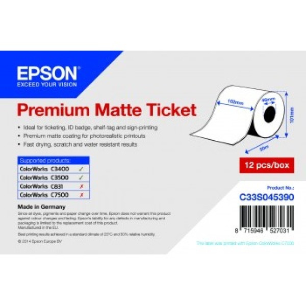 Rollo papel EPSON Premium Matte Ticket ColorWorks C3400 C3500 C831 C7500 - 102mm x 50m. (continua) Rollo papel EPSON Premium Matte Ticket ColorWorks C3400 C3500 C831 C7500 - 102mm x 50m. (continua)