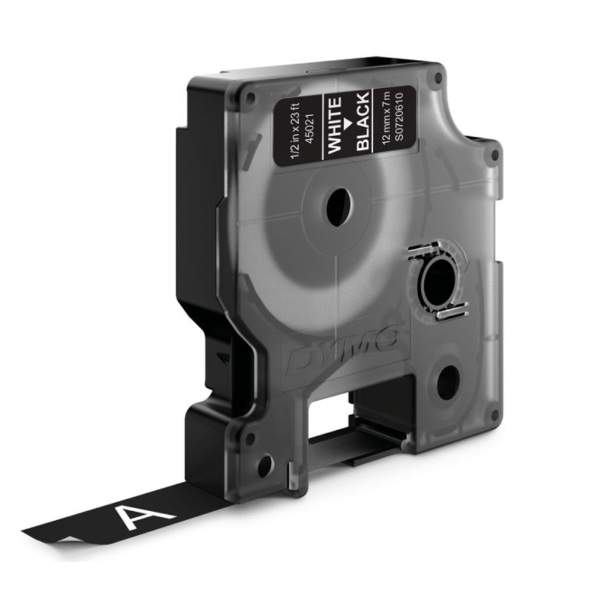 Label cassette DYMO D1 Standard 12mm x 7m.  white on black (texto blanco/fondo negro)(45021)