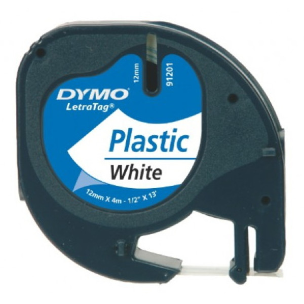 Label cassette DYMO D1 LetraTag Plastic 12mm x 4m. black on white (texto negro/fondo blanco)(91201)