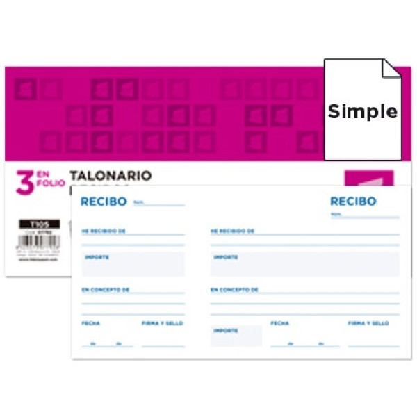 Talonario LIDERPAPEL Recibos Tres en Folio apaisados Talonario LIDERPAPEL Recibos Tres en Folio apaisados