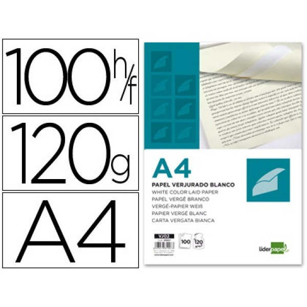 Papel LIDERPAPEL verjurado blanco A4 100h 120g Papel LIDERPAPEL verjurado blanco A4 100h 120g